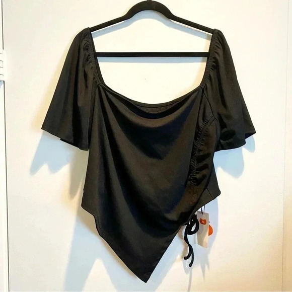 Asymmetrical Hem Drawstring Short Sleeve Tee​ - Picture 4 of 7